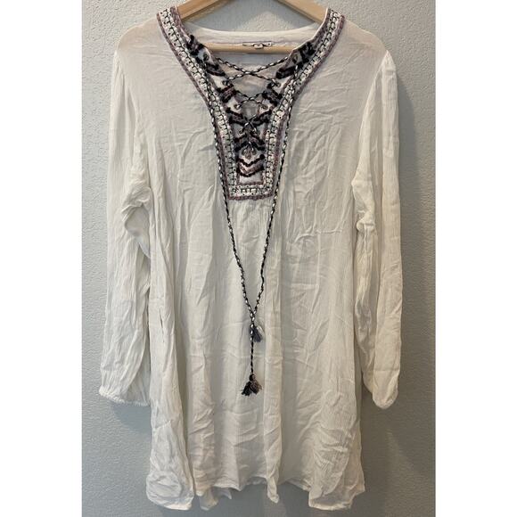 Anthropologie Conditions Apply Kaftan Cover Up Cotton Boho M White Embroidered - Picture 1 of 10